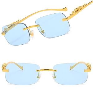 Ornate Panther Luxe Vibe Blue Lens Mens Womens Gold Rectangle Sunglasses